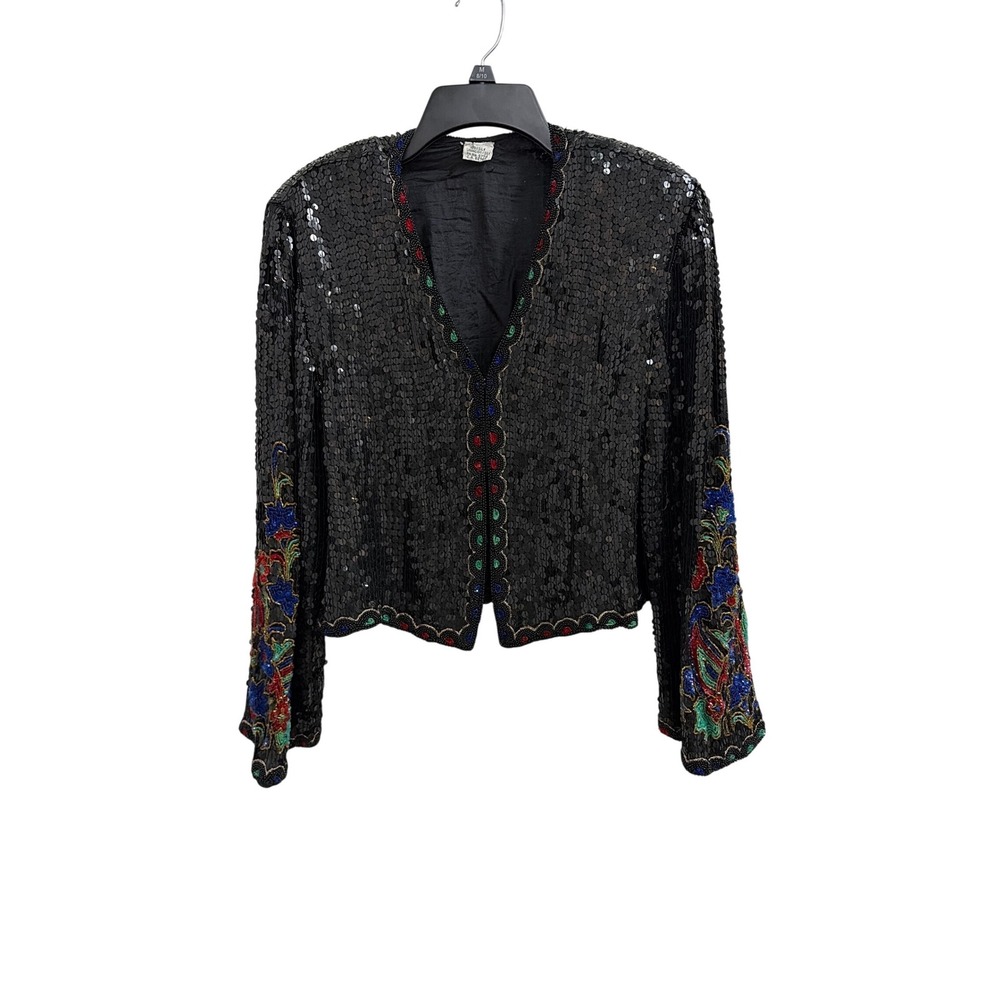 Bolero Sequin Beaded Vintage Womens Medium‎ Black Silk Floral Cropped Jacket